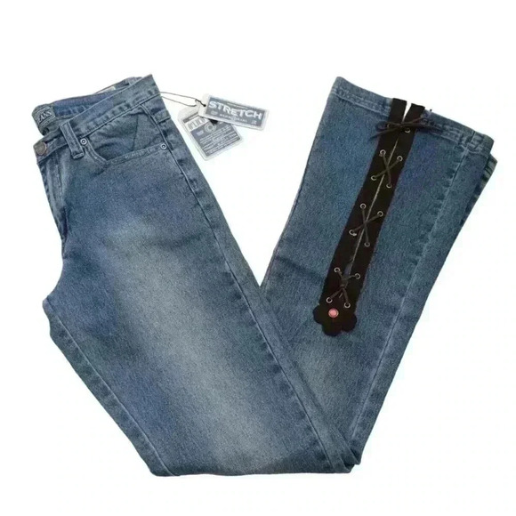 NWT Waist Size 28 Y2K Faux Suede Lace Up Flower Denim Flared Jeans Festival Boho - Picture 1 of 9
